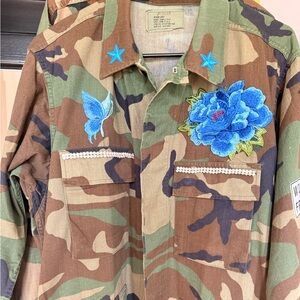 Camo Utility Jacket with Blue Floral & Butterfly Embroidery